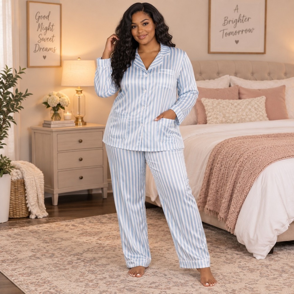 Ekouaer Satin Striped Co-Ord Pajama Set Women's Medium Quiet Luxury Clean Girl